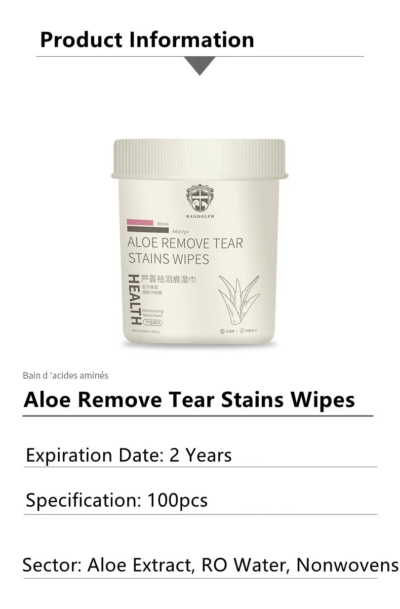 Aloe Tear Stain Remover Wipes for Cats & Dogs